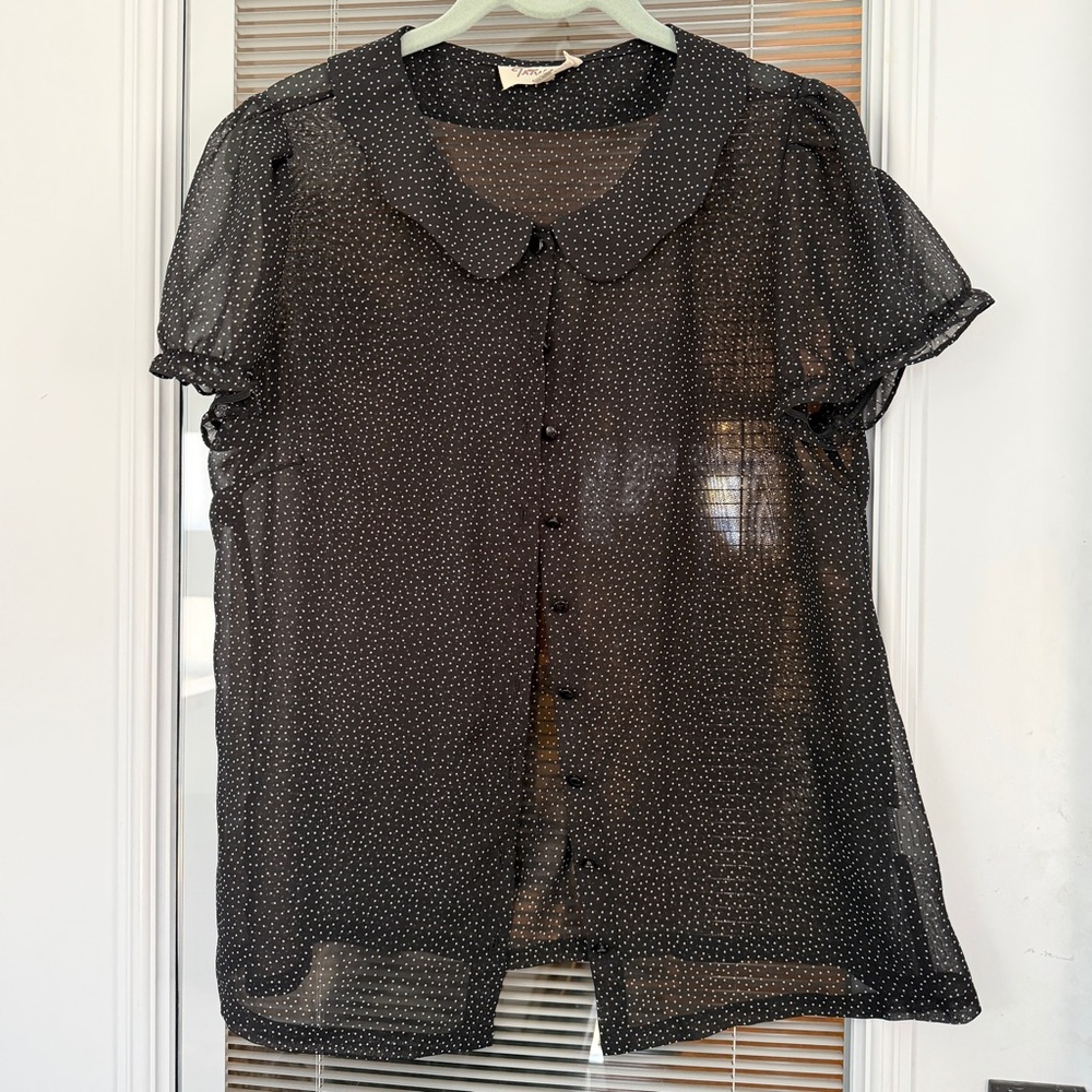 TATYANA White black bow print sheer ruffle vintage 1940s style blouse top SMALL